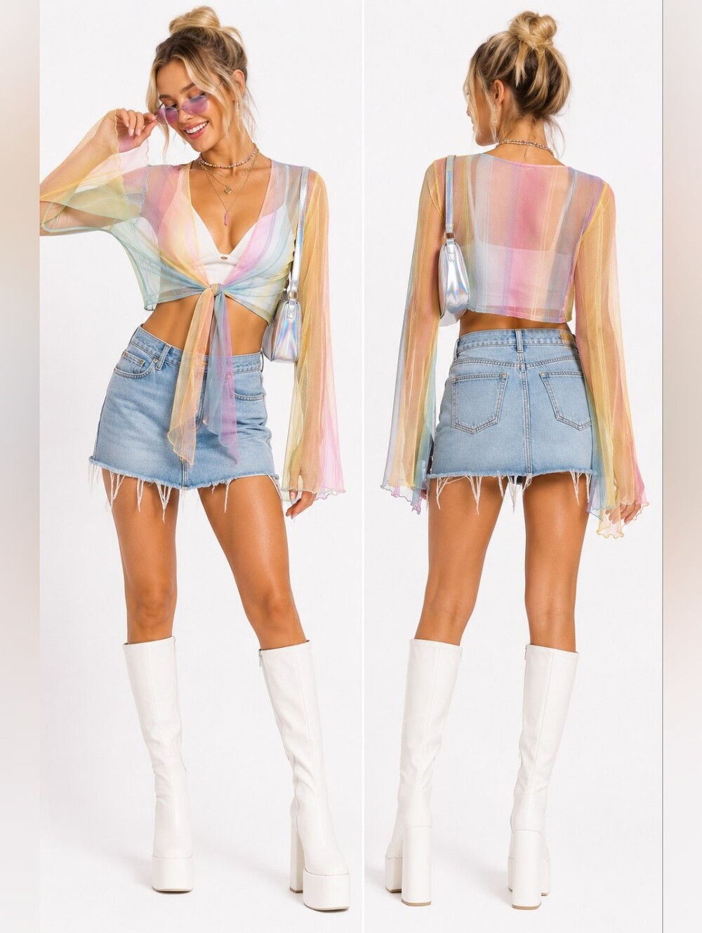 AKIRA Sheer Pastel Rainbow Mesh Tie Front Crop Top Women's Multicolor Size M